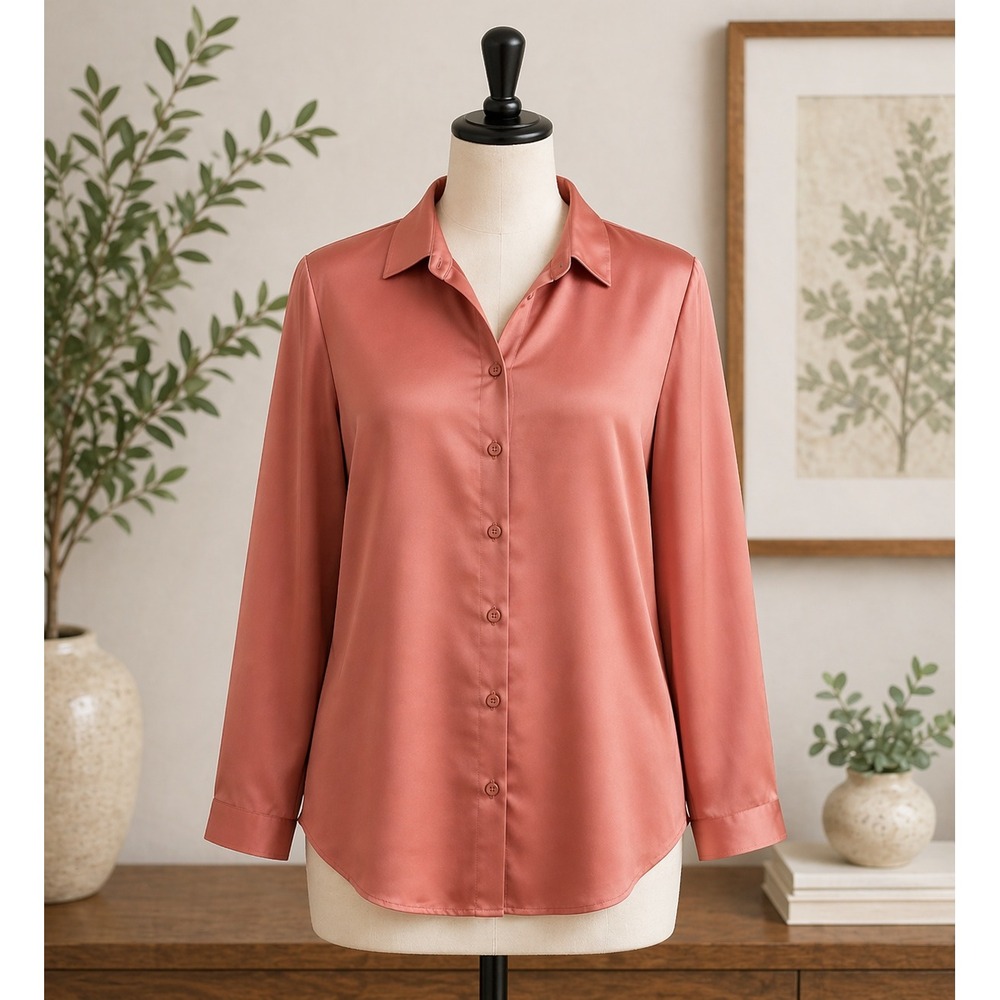 Beautiful by Lawrence Zarian Rose Gold Satin Button Down Blouse XXS Long Sleeve